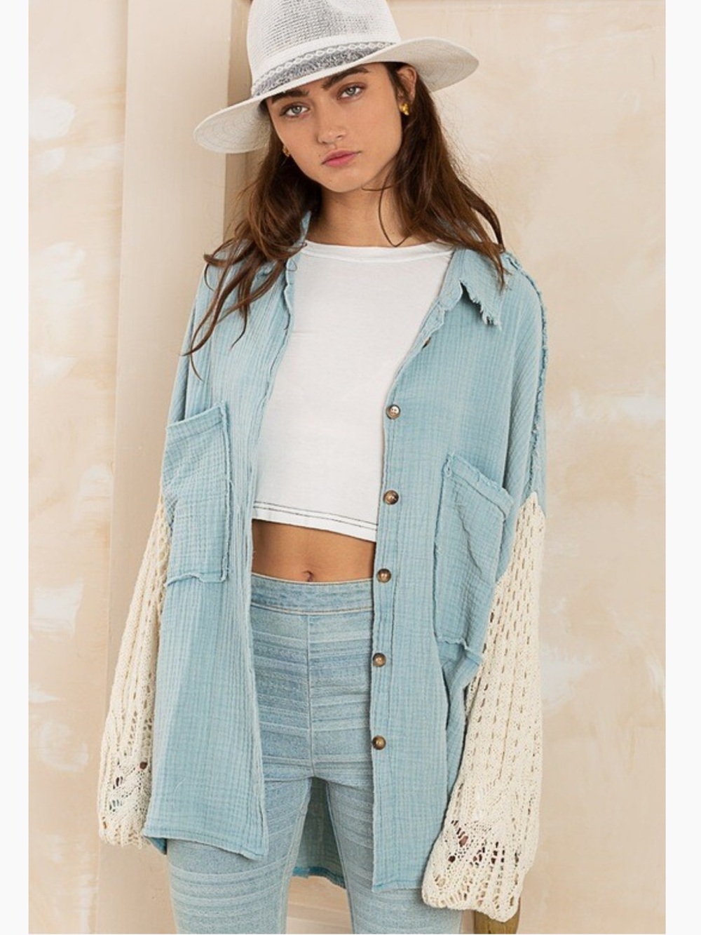 POL Icy Blue Boho Relaxed Oversized Gauze Button Up Shirt Raw Frayed Edges SZ SM
